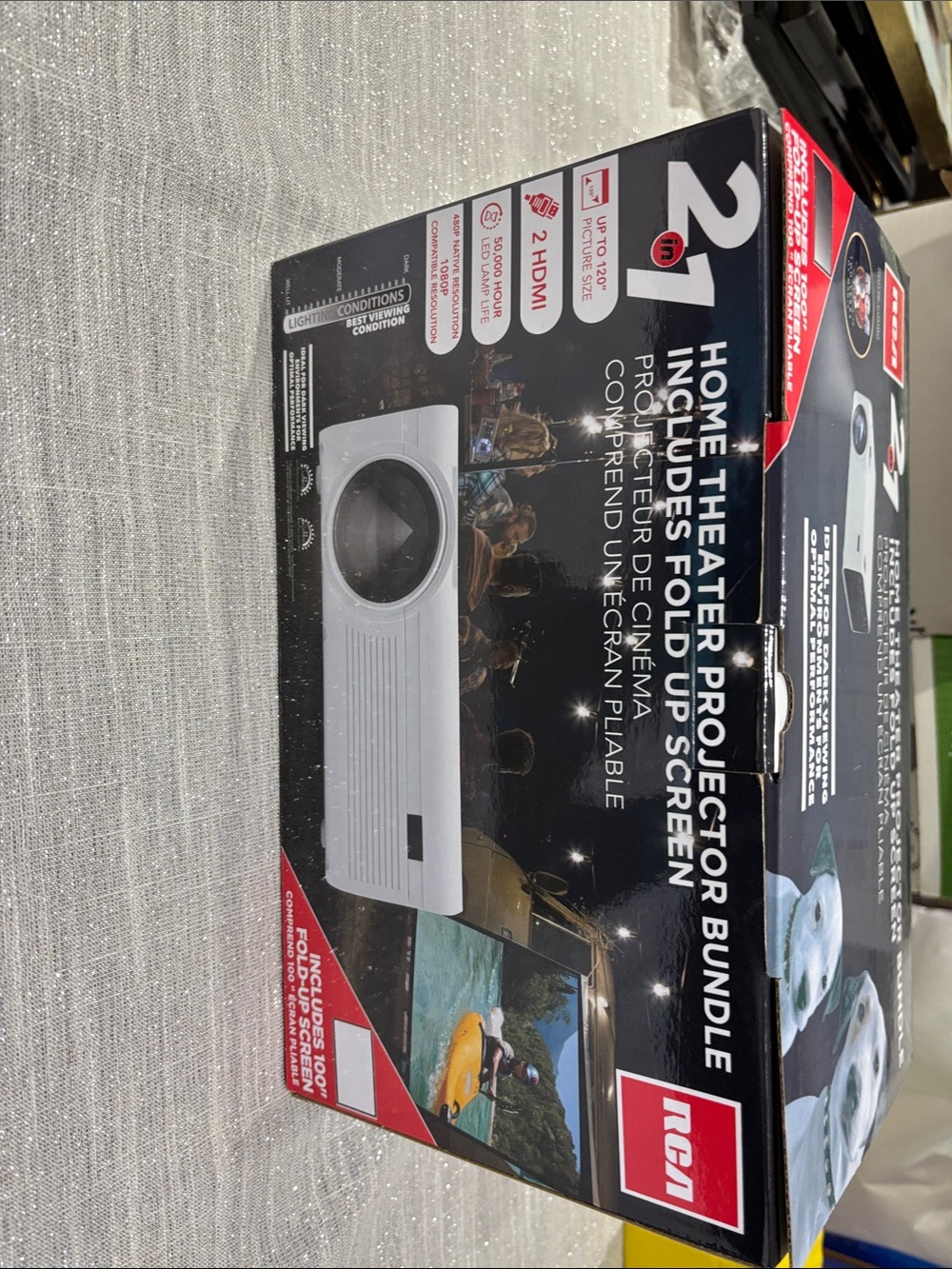 White Home Theater Projector Bundle with Fold-Up Screen